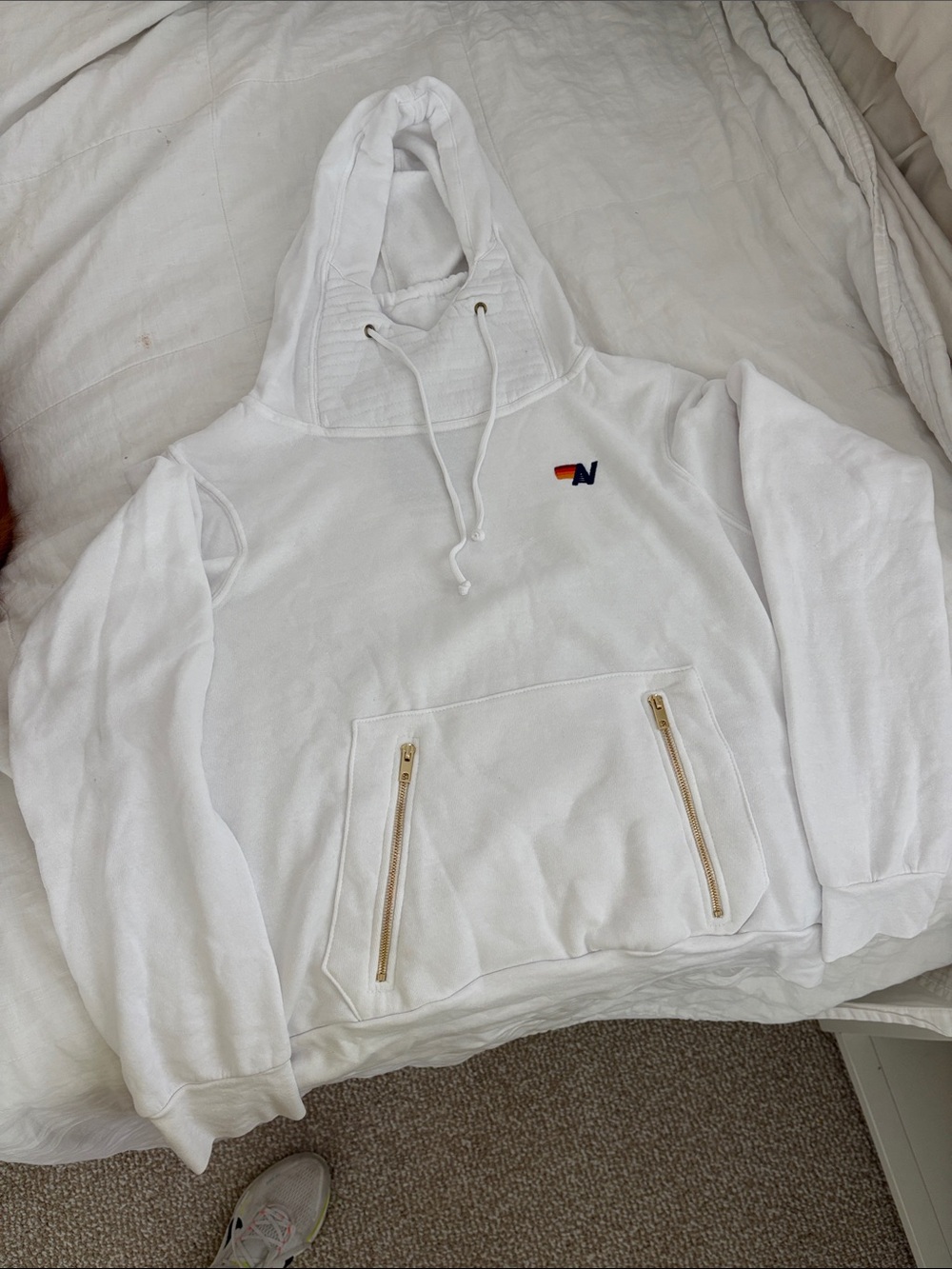 Aviator Nation White Hoodie with Small Multicolor 'N' Logo